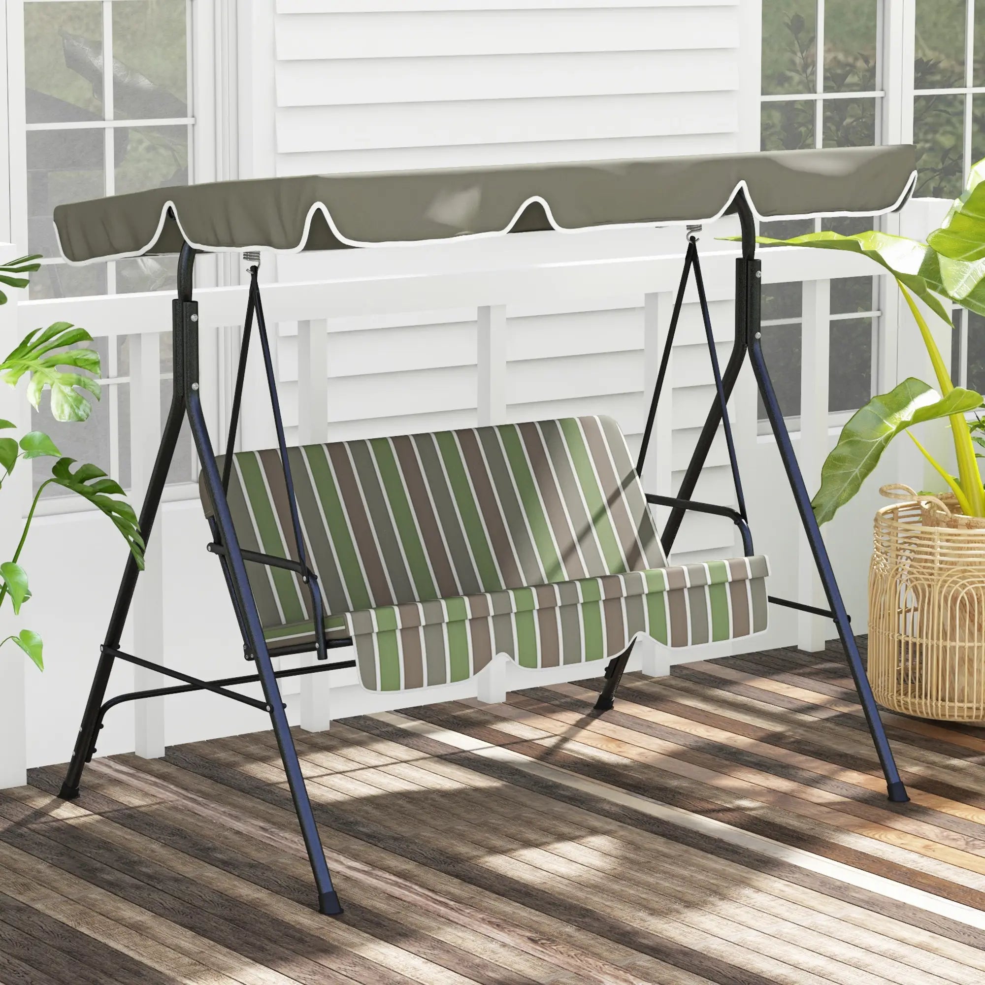 3-Seater Patio Swing With Adjustable Canopy, Green, Brown Patio Swings with Stand at Gallery Canada