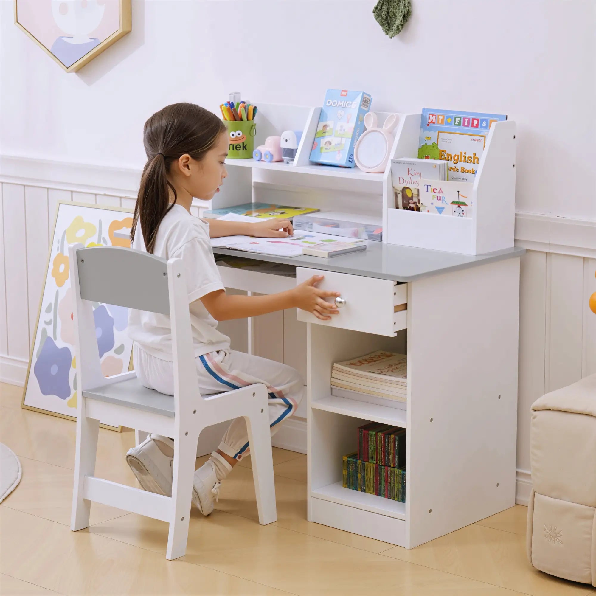 Kids Desk and Chair Set, Study Table for 5-8 Year Old, Grey Kids Desk Sets at Gallery Canada