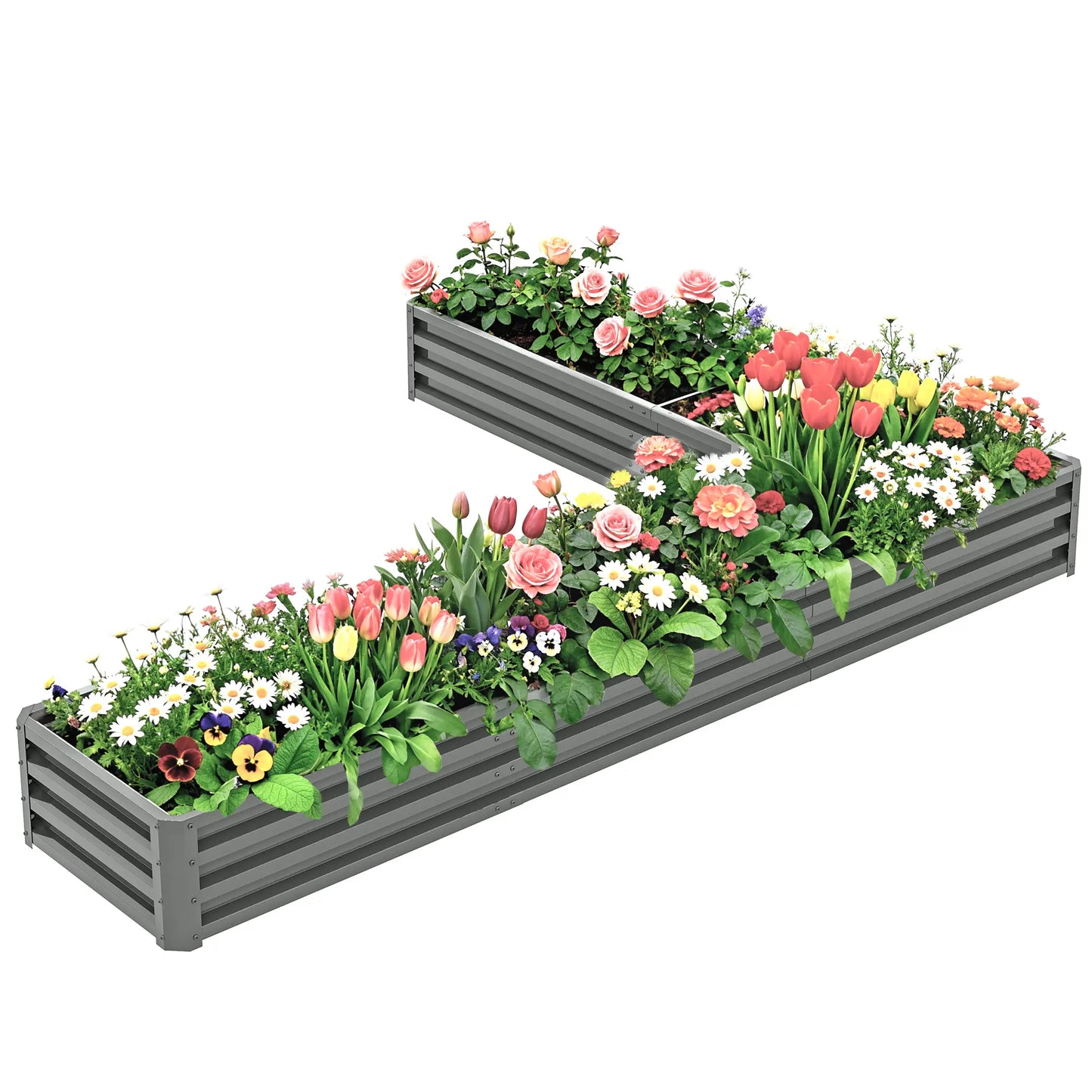 L-Shaped Raised Garden Bed, 82" x 109" x 12", Galvanized Steel Planter Box, Light Grey Galvanized Planter Boxes Light Grey at Gallery Canada