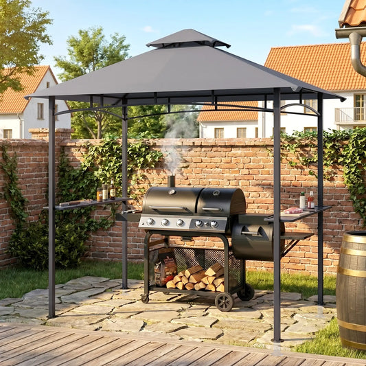8' x 5' BBQ Grill Gazebo Tent, Double Tiered Canopy, Outdoor Sun Shade, Grey BBQ Grill Gazebos Grey at Gallery Canada