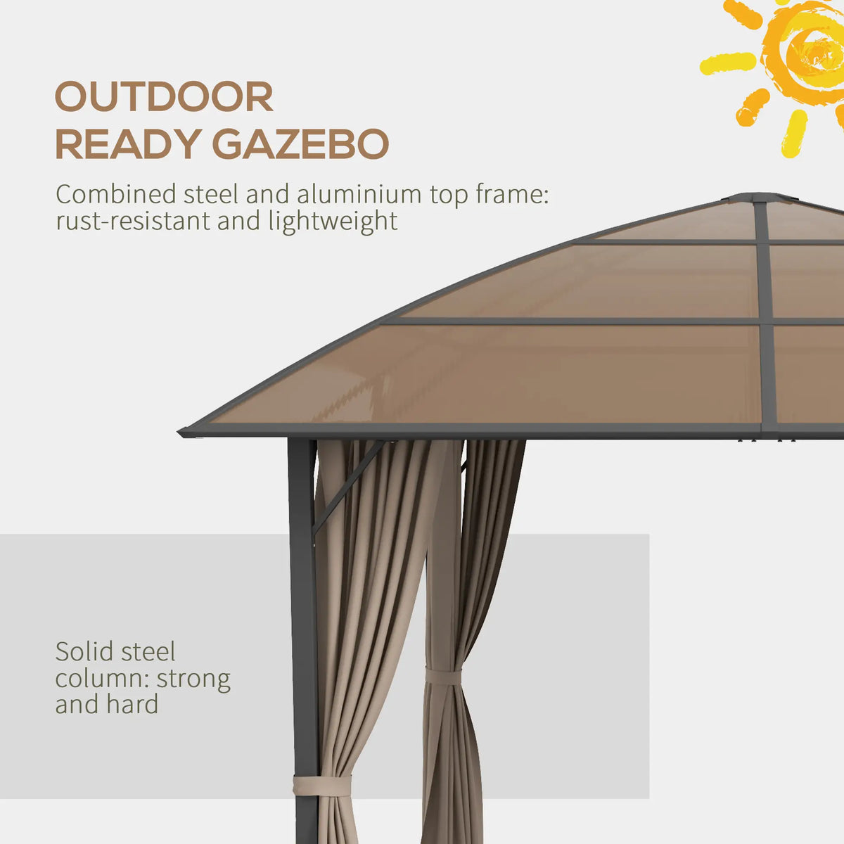 10' x 10' Outdoor Gazebo, UV60+ Polycarbonate Roof, Steel Frame, Khaki Gazebos at Gallery Canada