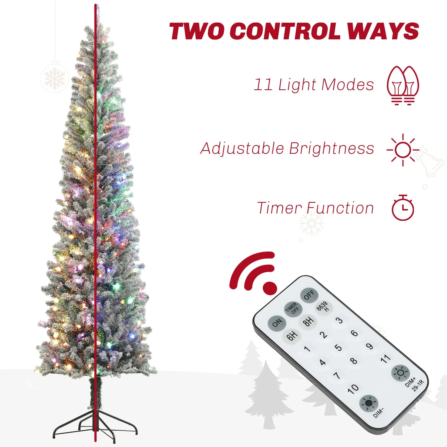 9ft Prelit Pencil Christmas Tree, Flocked, 895 Tips, Dual Color LEDs Pre Lit Christmas Trees at Gallery Canada