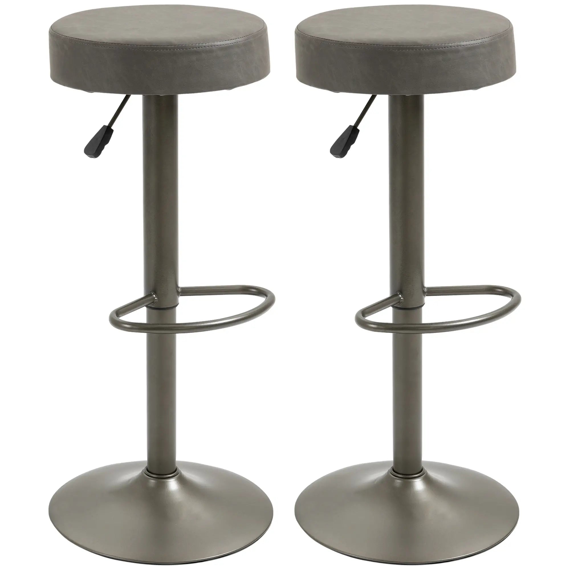 Adjustable Bar Stools Set of 2, Swivel with Footrest, PU Leather Round Top, Dark Grey Bar Stools Dark Grey, Gunmetal at Gallery Canada