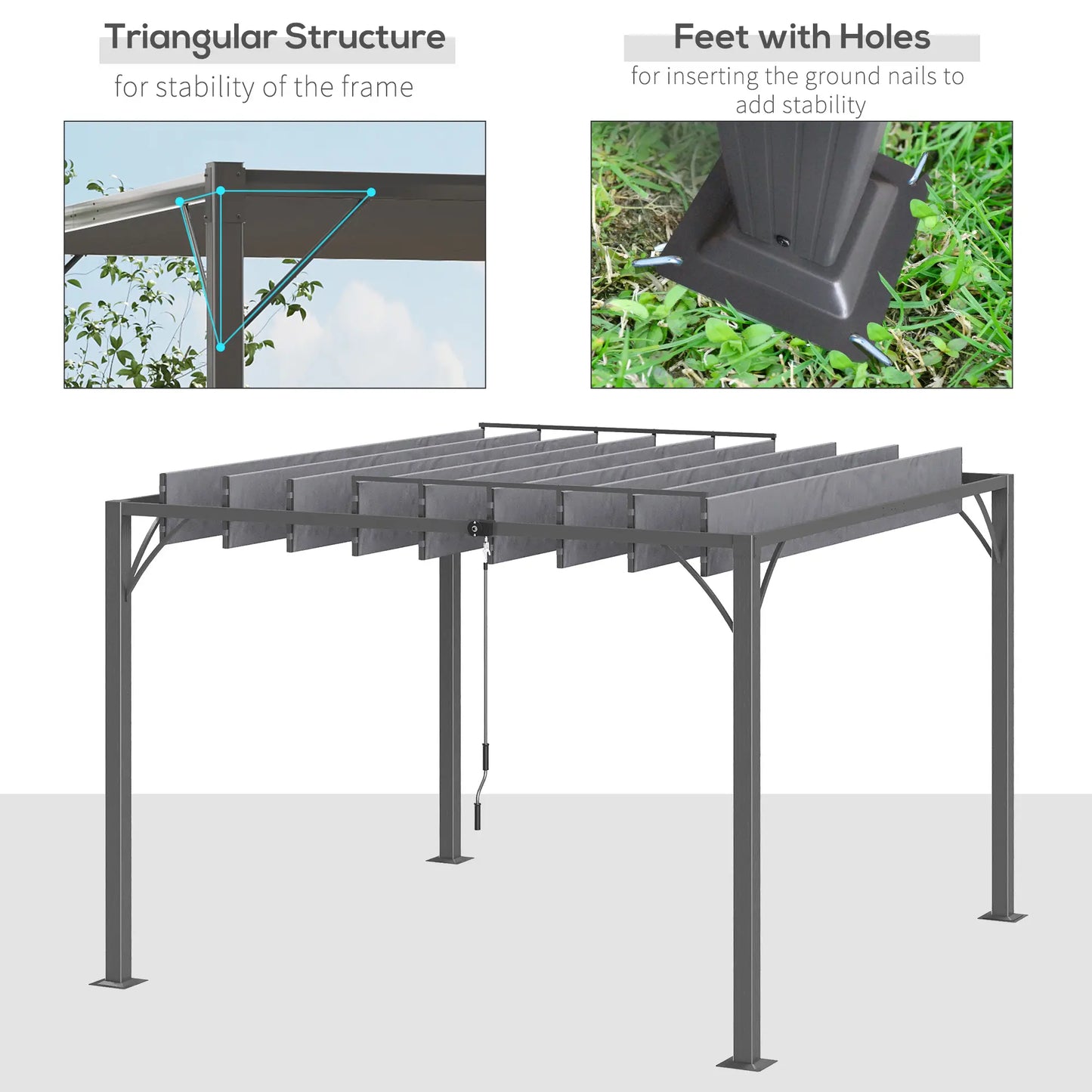 9.5' x 9.7' Outdoor Pergola, Retractable Roof, Aluminium Louvered Canopy, Grey Pergolas at Gallery Canada