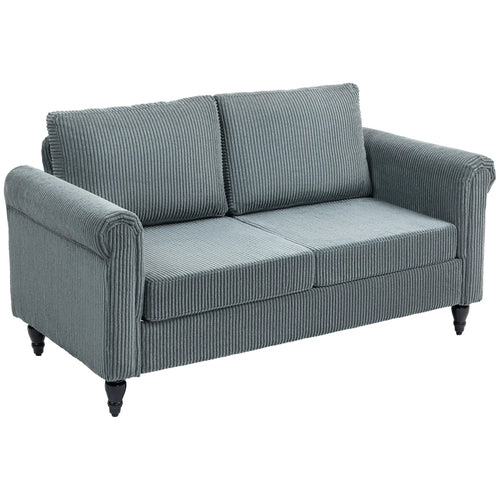 Vintage Loveseat, Fabric 2 Seater Sofa, Rolled Arms, Rubber Wood Legs, Grey
