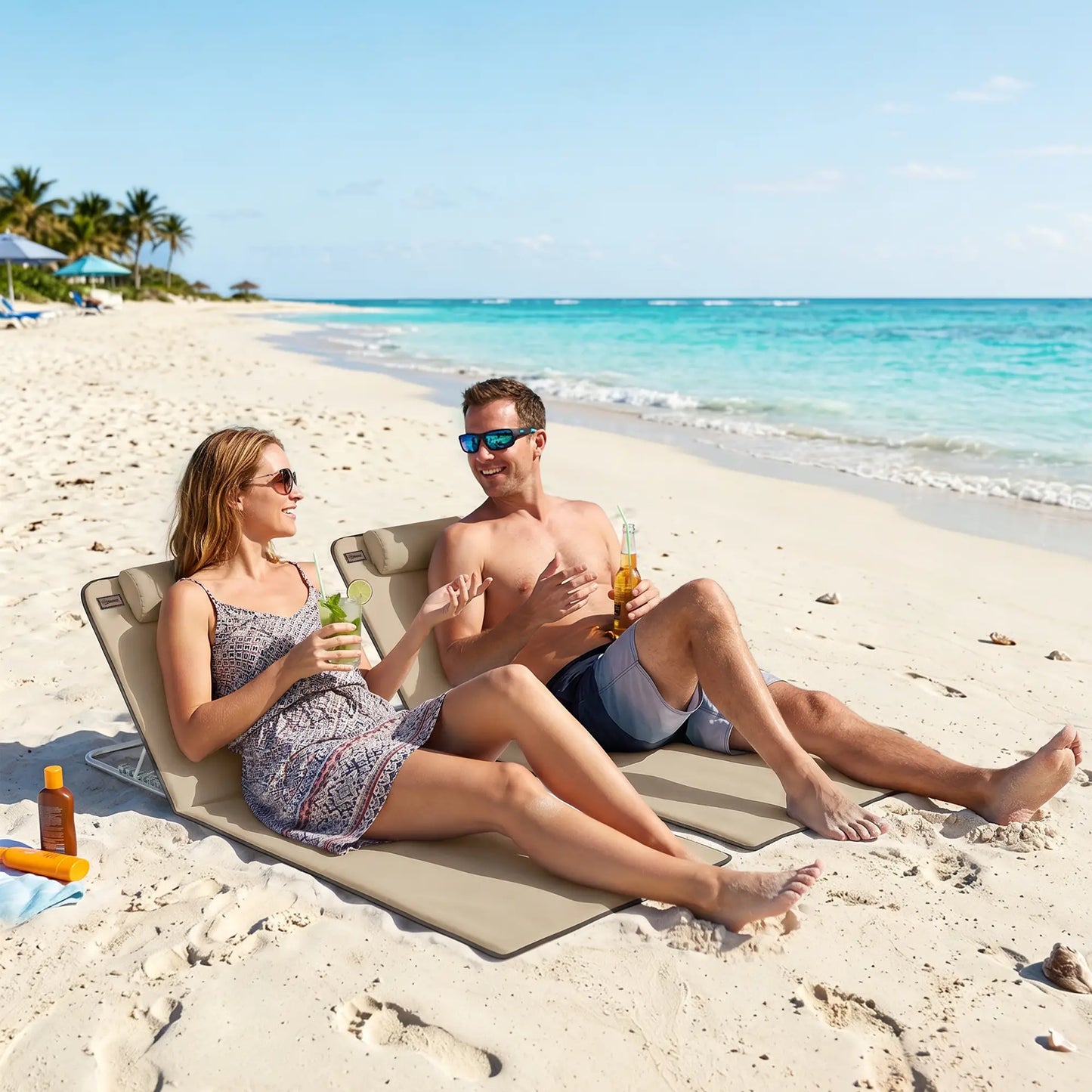 Beach Lounge Chair Set, 2 Pieces, Folding Chaise, Beige Beach Accessories at Gallery Canada