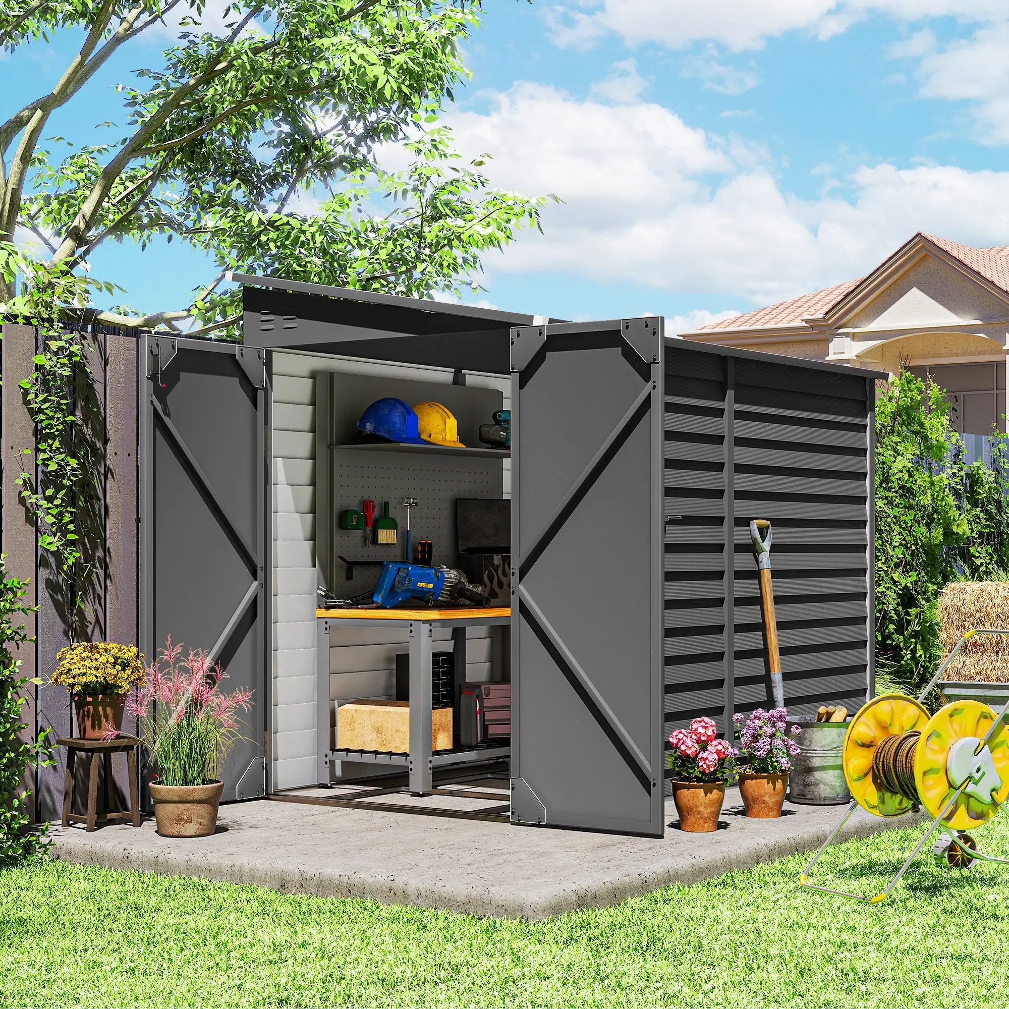 4.6' X 9' Steel Outdoor Storage Shed, Lean To Shed, Metal Tool House, Dark Grey Sheds at Gallery Canada