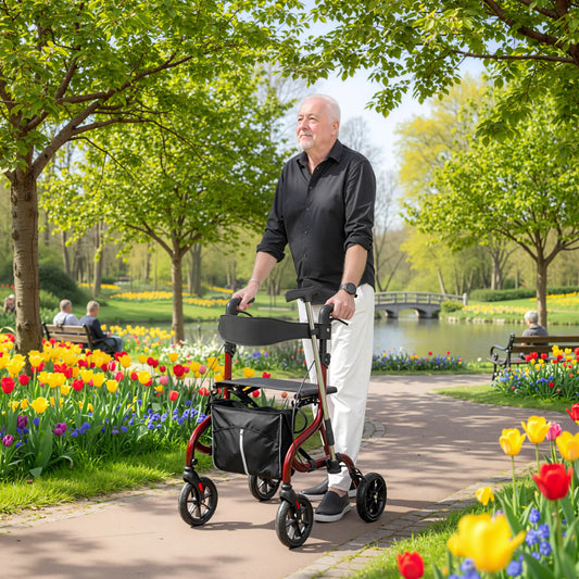 Foldable Rollator Walker With Seat, Adjustable Handles, Red Knee Walker & Wheelchair Ramps Red, Black at Gallery Canada