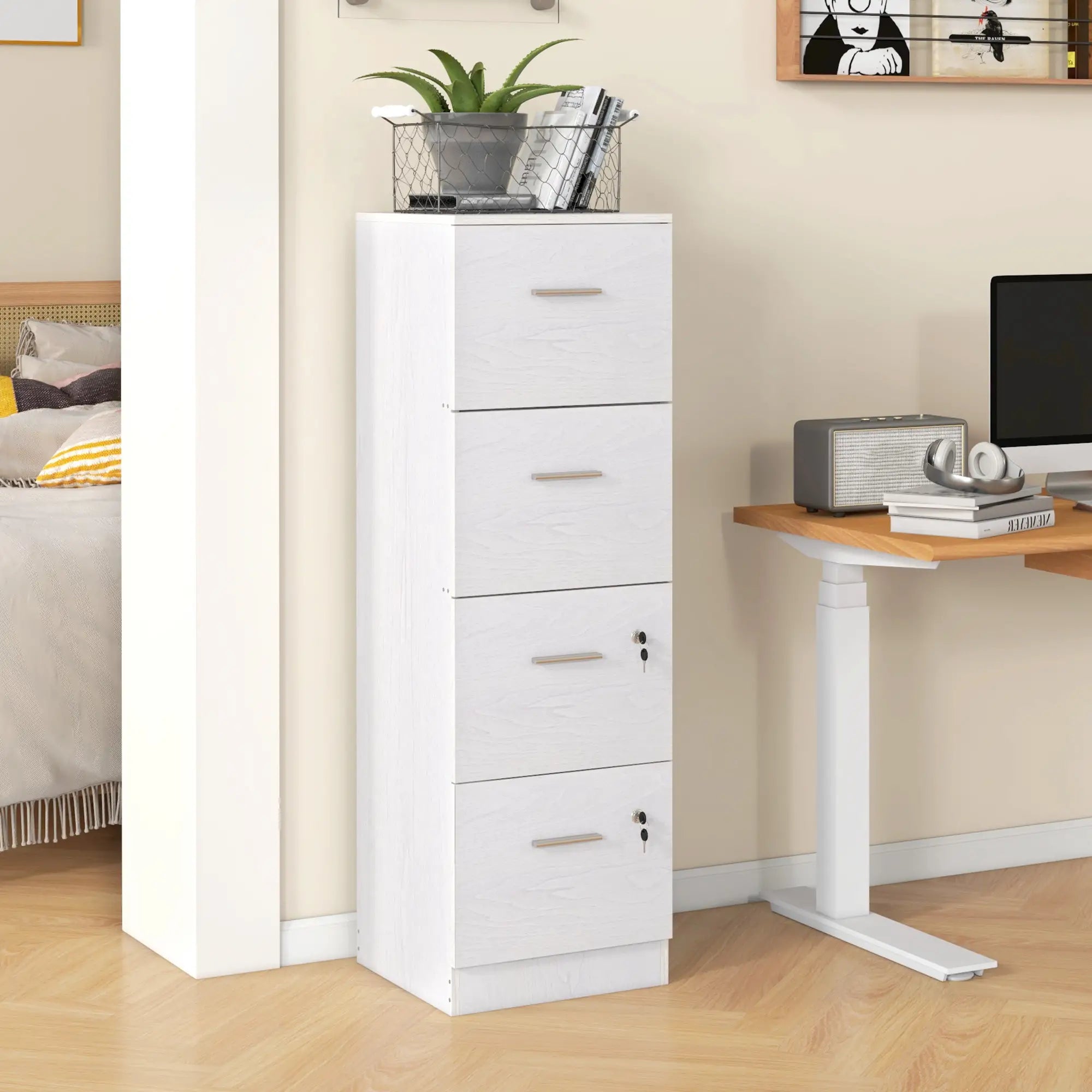 4 Drawer Vertical Filing Cabinet with Lock, Adjustable Hanging Bar, White Office Cabinets & Cupboards at Gallery Canada
