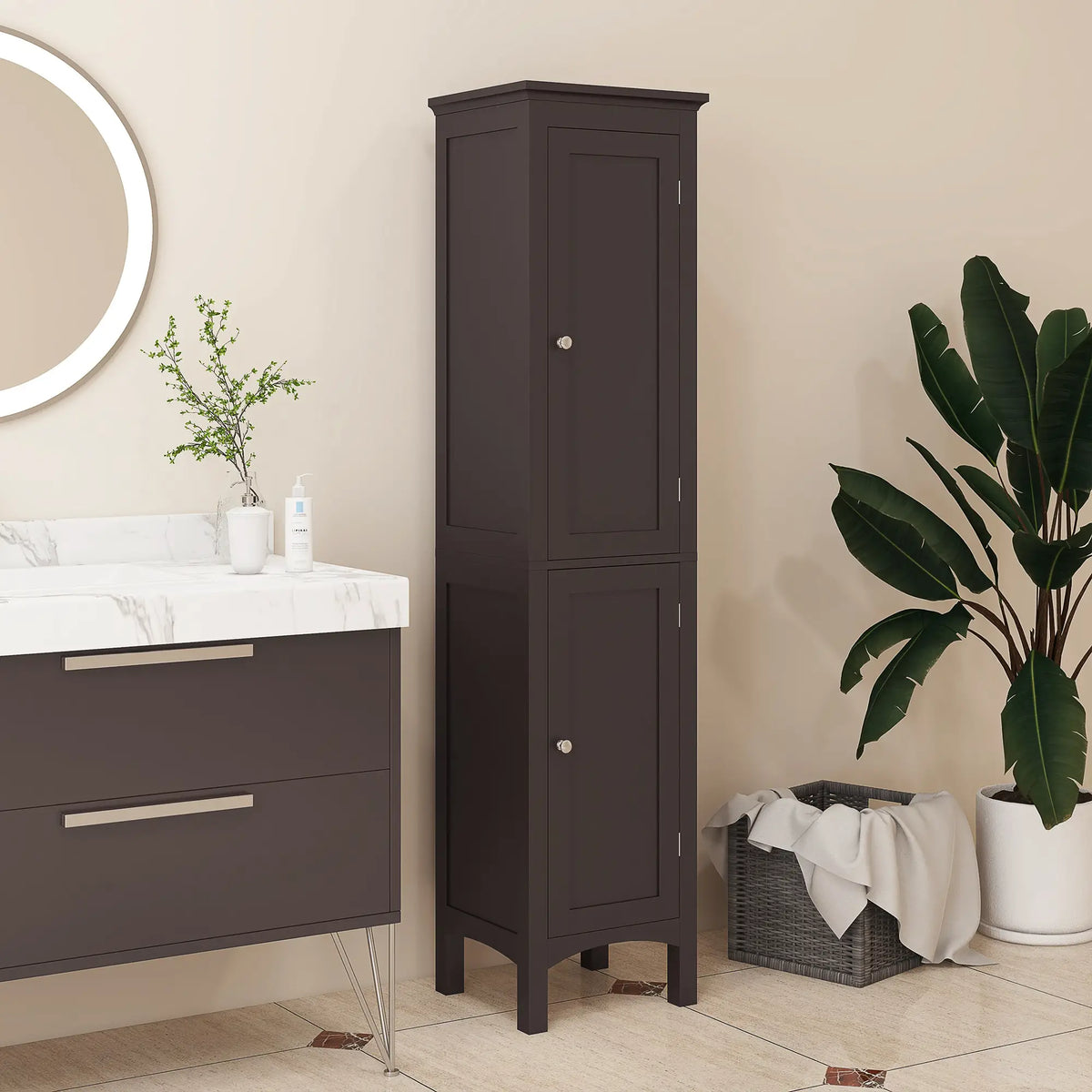 Tall Bathroom Cabinet, Freestanding Storage, Adjustable Shelves, 15" x 13" x 63", Dark Brown Bathroom Cabinets at Gallery Canada