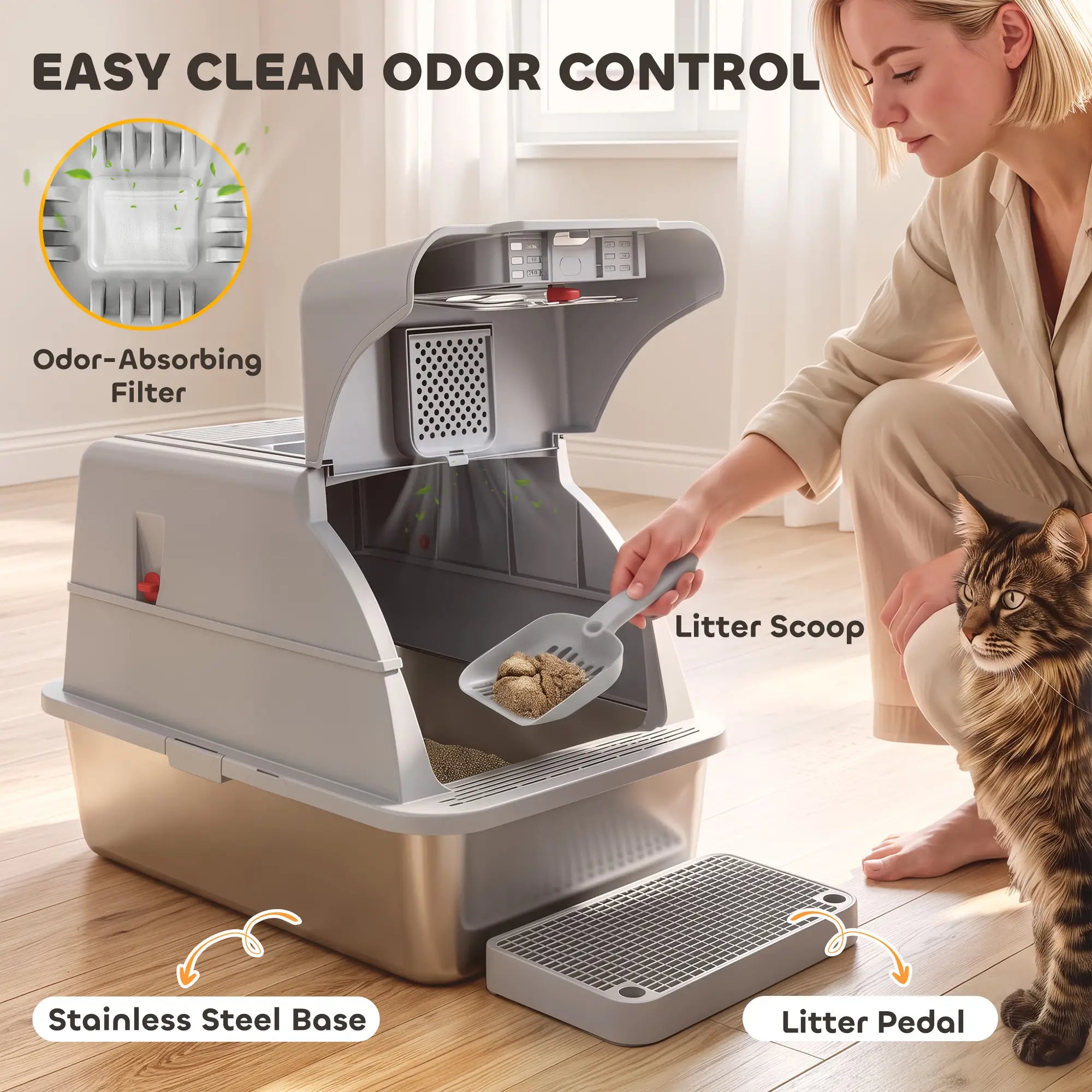 XL Stainless Steel Enclosed Cat Litter Box, Lid, Scoop, Step, Grey Cat Litter Box Enclosures at Gallery Canada