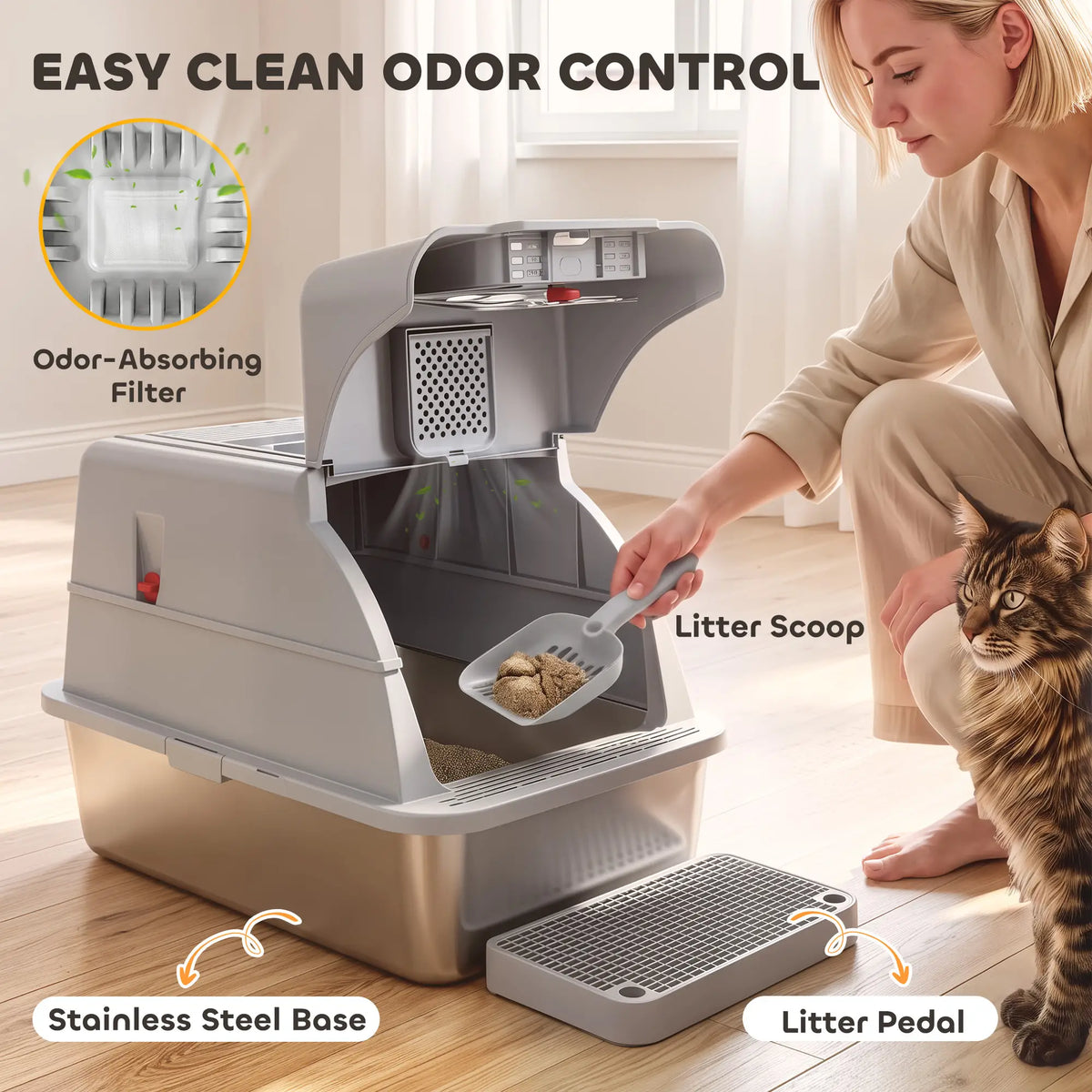 XL Stainless Steel Enclosed Cat Litter Box, Lid, Scoop, Step, Grey Cat Litter Box Enclosures at Gallery Canada