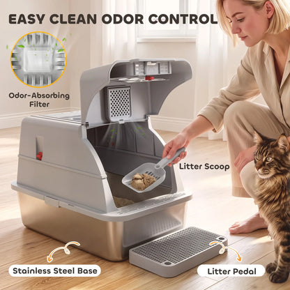 XL Stainless Steel Enclosed Cat Litter Box, Lid, Scoop, Step, Grey Cat Litter Box Enclosures at Gallery Canada