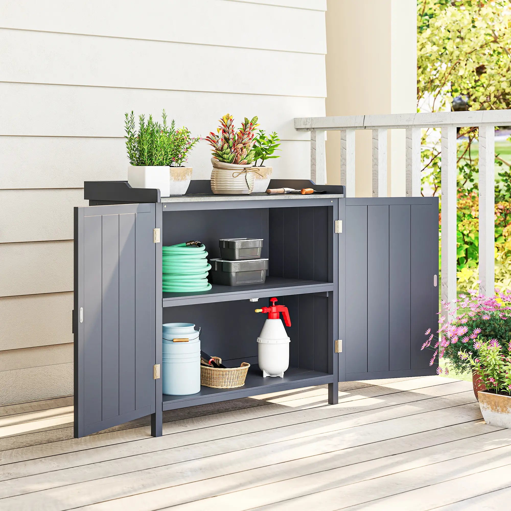 Outdoor Garden Storage Cabinet, Potting Bench with Galvanized Top, Grey Sheds at Gallery Canada