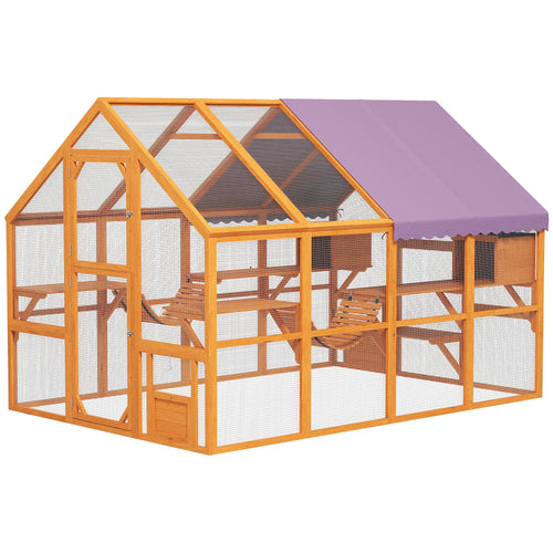 Wooden Outdoor Cat Enclosure, Weatherproof Canopy, Bridges, Resting Boxes, Platforms, for 3-6 Cats