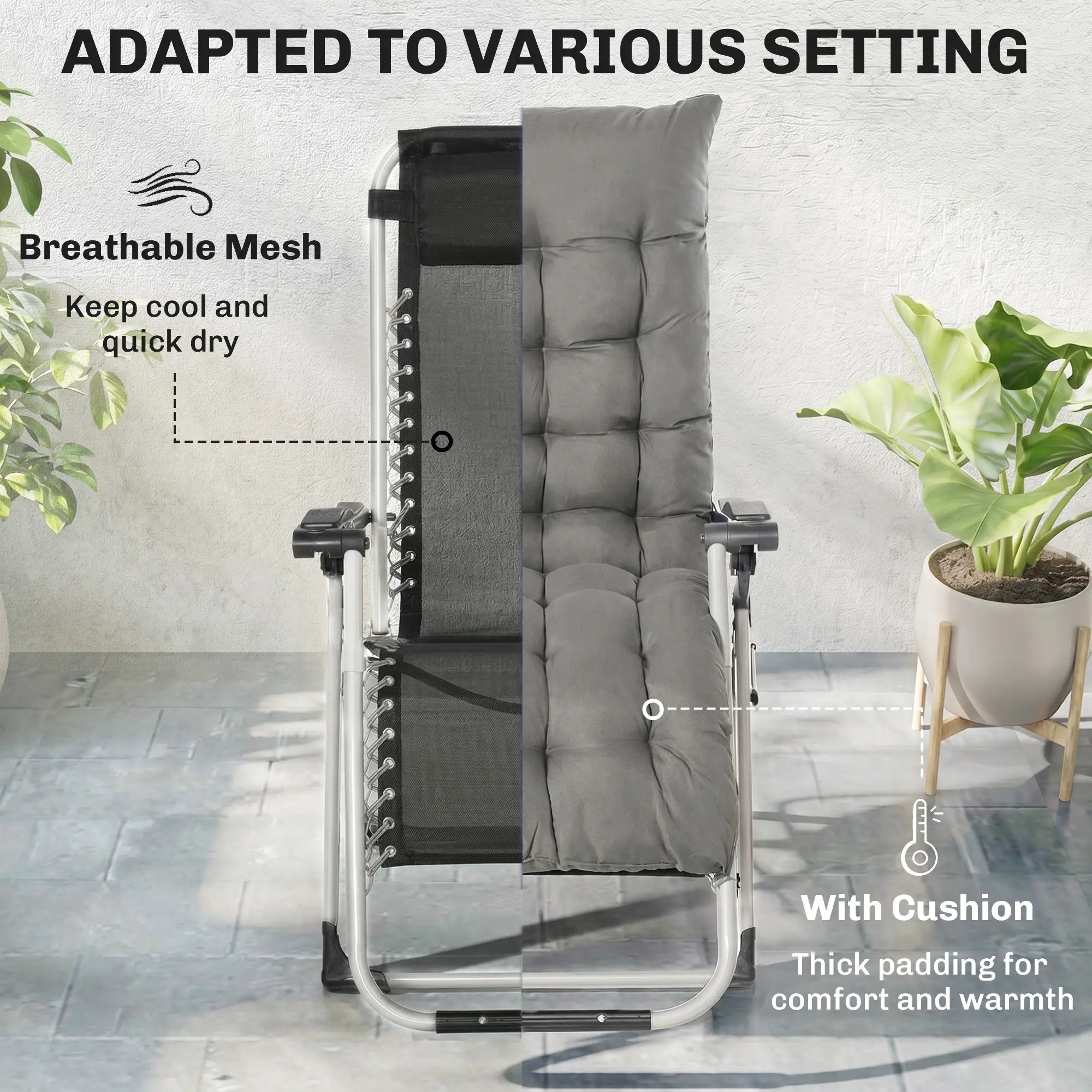 Reclining Zero Gravity Chair, Adjustable Backrest, Folding Sun Lounger, Removable Cushion, Headrest, Dark Grey Lounger Chairs at Gallery Canada