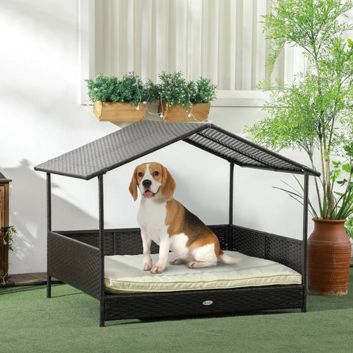 Outdoor Wicker Dog House, Soft Cushion Washable Cover, Medium Large, Cream White