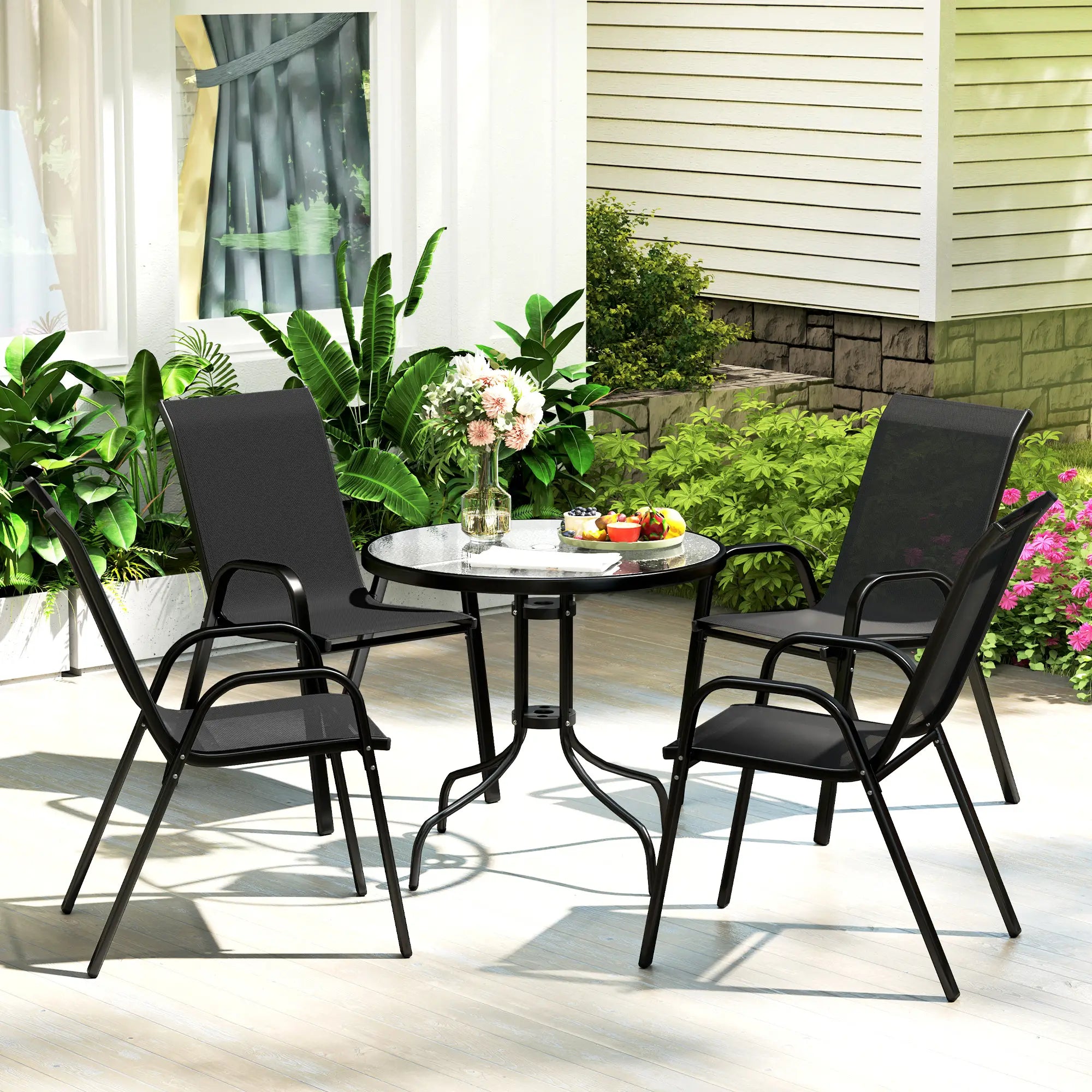 Five-Piece Steel Patio Set, Glass-Top Table, Black Outdoor Dining Sets at Gallery Canada
