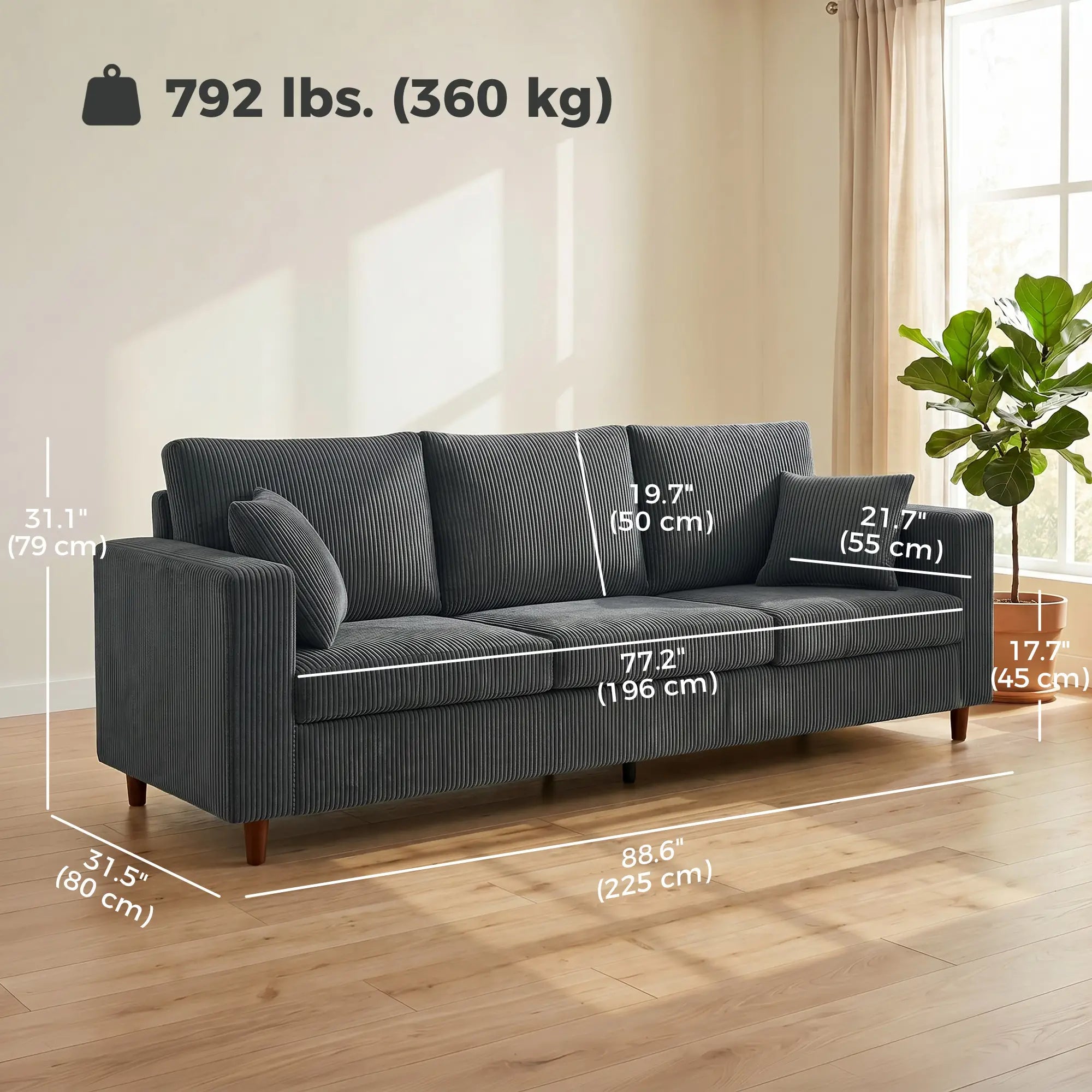 3-Seater Corduroy Sofa with Deep Seat, Dark Grey 3-Seater Sofas at Gallery Canada