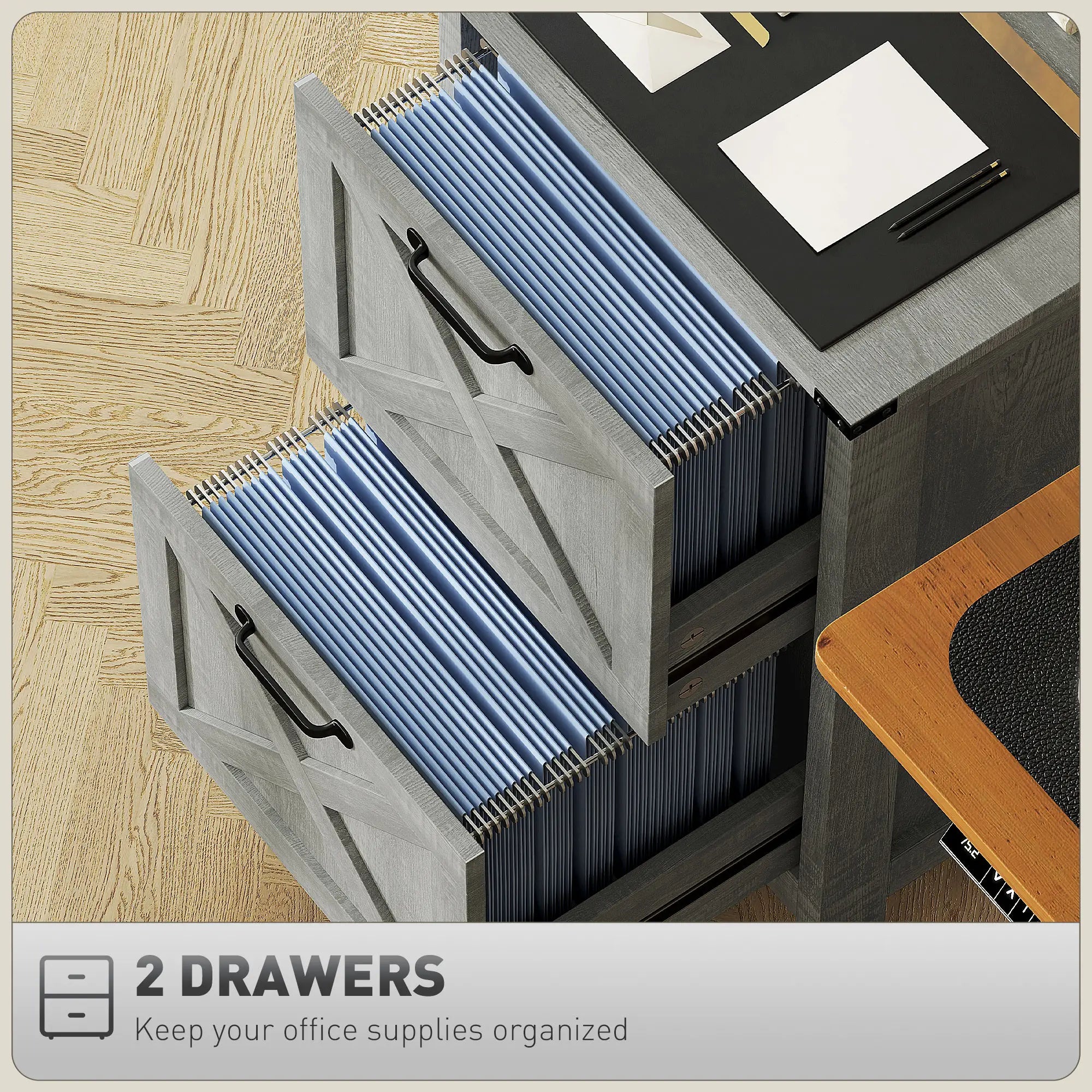 Vertical Filing Cabinet, 2 Drawers, Rustic Farmhouse, A4 Letter Size, Stone Grey Office Cabinets & Cupboards at Gallery Canada