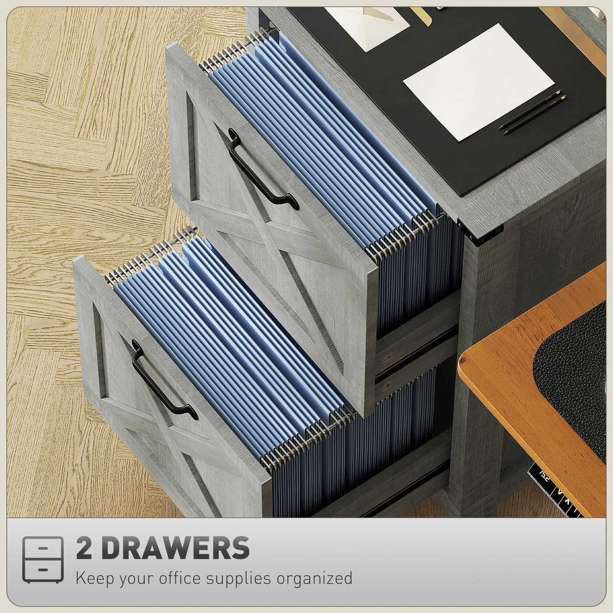 Vertical Filing Cabinet, 2 Drawers, Rustic Farmhouse, A4 Letter Size, Stone Grey Office Cabinets & Cupboards at Gallery Canada