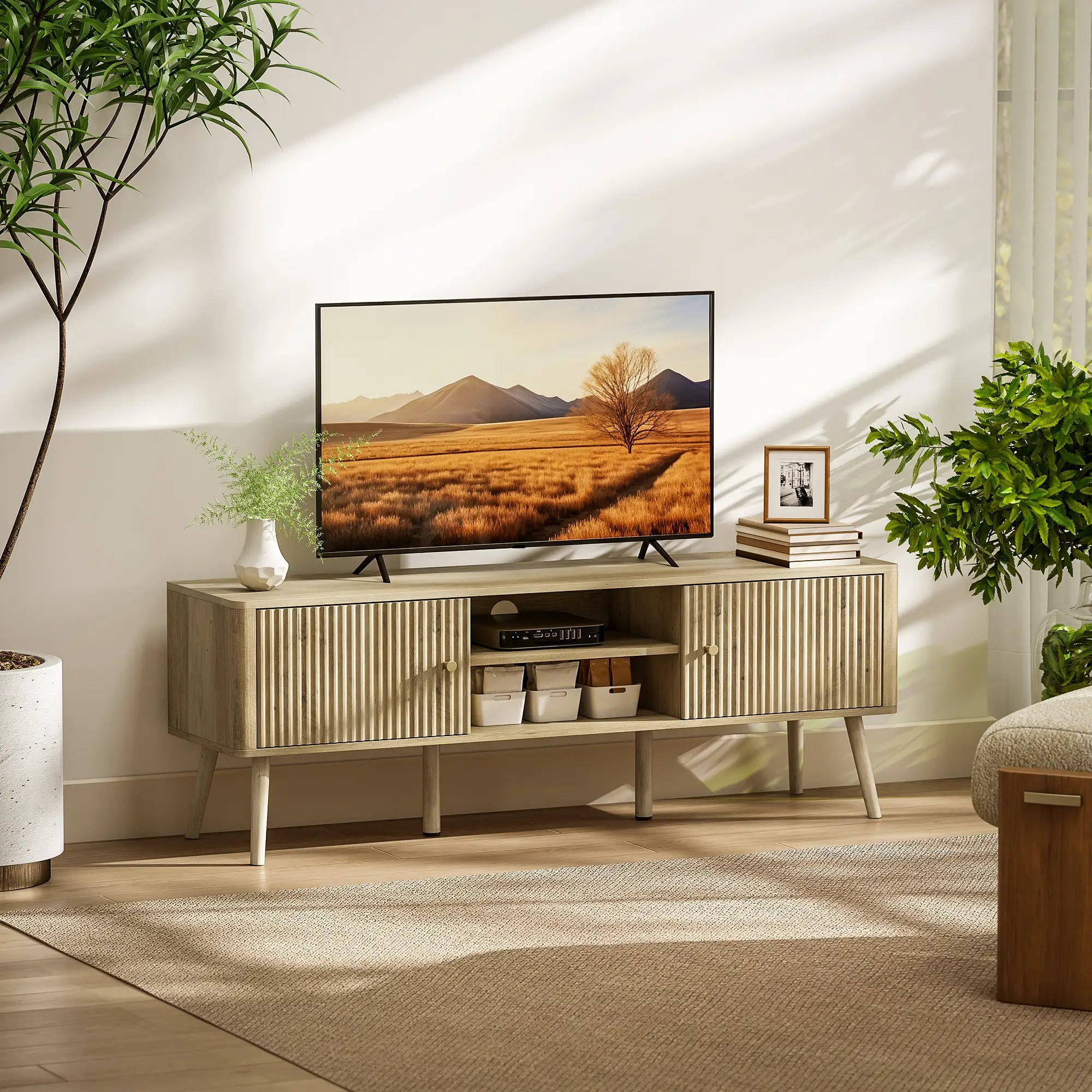 TV Stand for 65 Inch TV, Adjustable Shelves, Pine Wood Legs, Oak TV Stands at Gallery Canada