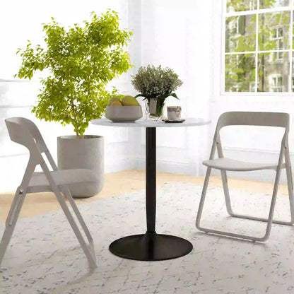 Modern Round Kitchen Table for 2, Steel Base, White Marble, White Dining Tables at Gallery Canada