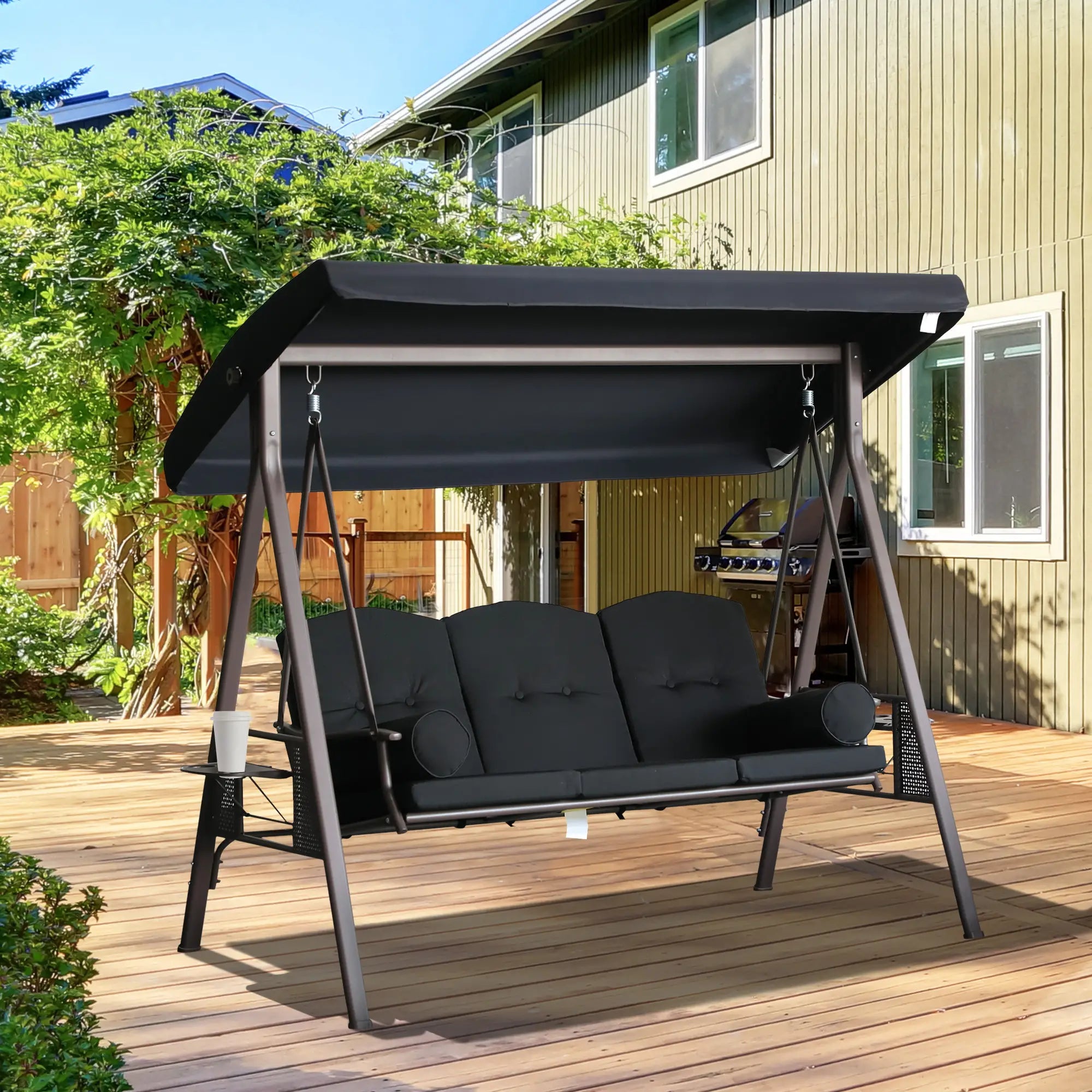 Outdoor Patio 3-Person Steel Canopy Swing Bench, Black Patio Swings with Stand at Gallery Canada