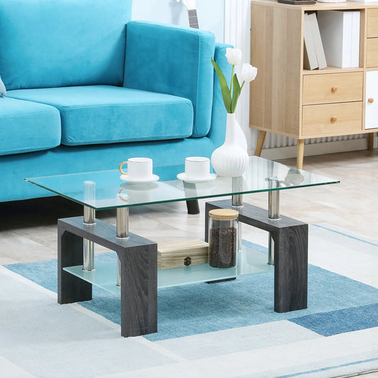 Rectangular Glass Coffee Table, 2-Tier Center Table, Grey Coffee Tables Clear Glass, Grey Leg at Gallery Canada