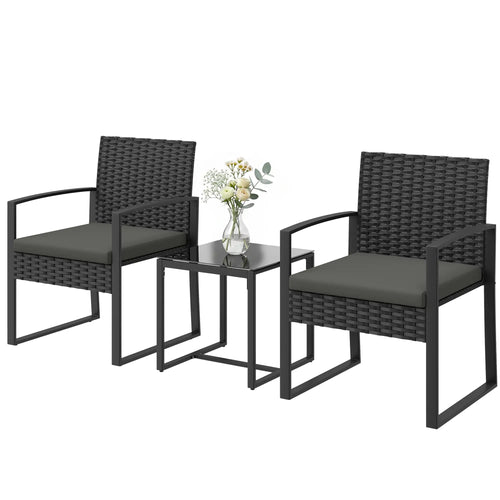 3 Piece Wicker Patio Set, Glass Top Table With Cushions, Dark Grey