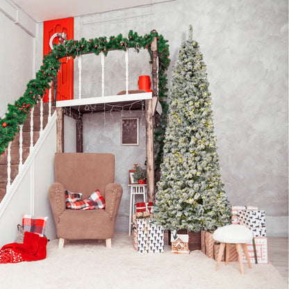 9 Feet Prelit Snow Flocked Pencil Christmas Tree, Warm White LED, Green Pre Lit Christmas Trees at Gallery Canada