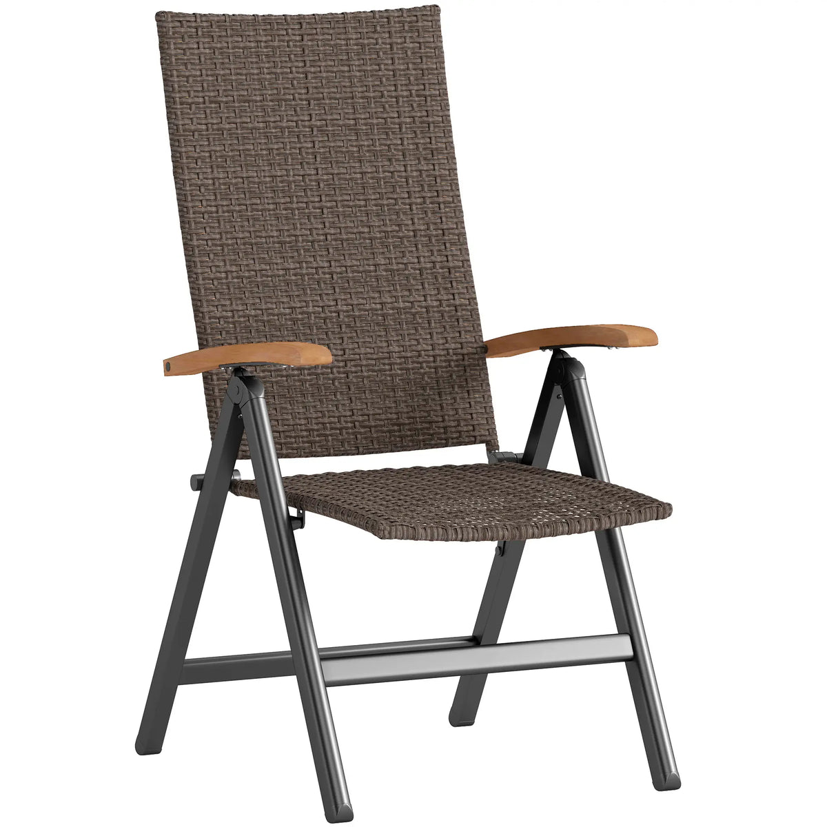Folding Wicker Patio Dining Chair, 5-Level Reclining, Wooden Armrests, Brown Patio Chairs at Gallery Canada