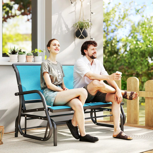 2 Person Outdoor Glider Bench With Steel Frame, Garden Patio Chair, Blue Outdoor Gliders Blue Fabric, Dark Grey Frame at Gallery Canada