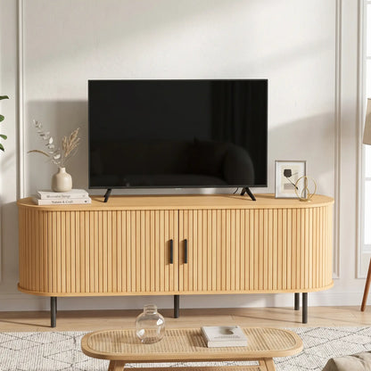 TV Stand for TVs up to 60", Modern Entertainment Center with Curved Sliding Doors, Natural Wood TV Stands at Gallery Canada