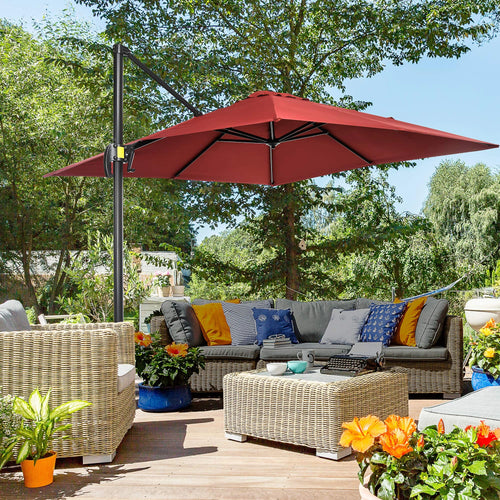 8' x 8' Square Patio Umbrella, 360° Rotation, Aluminum Cantilever, Wine Red