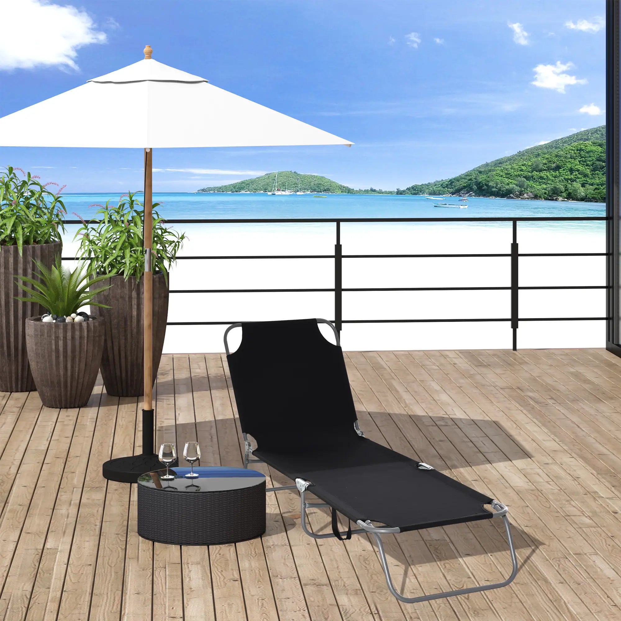 Outdoor Folding Chaise Lounge, Adjustable Backrest, Breathable Mesh, Black Lounger Chairs at Gallery Canada