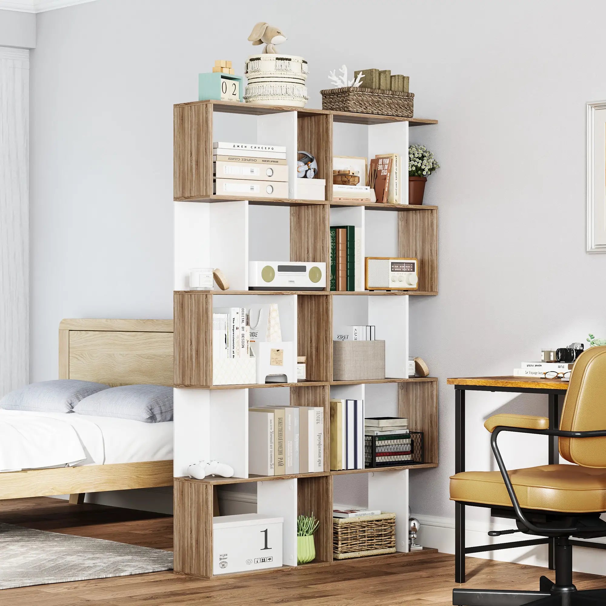 5-Tier Geometric Bookcase, Modern Room Divider, White Display Bookshelves at Gallery Canada