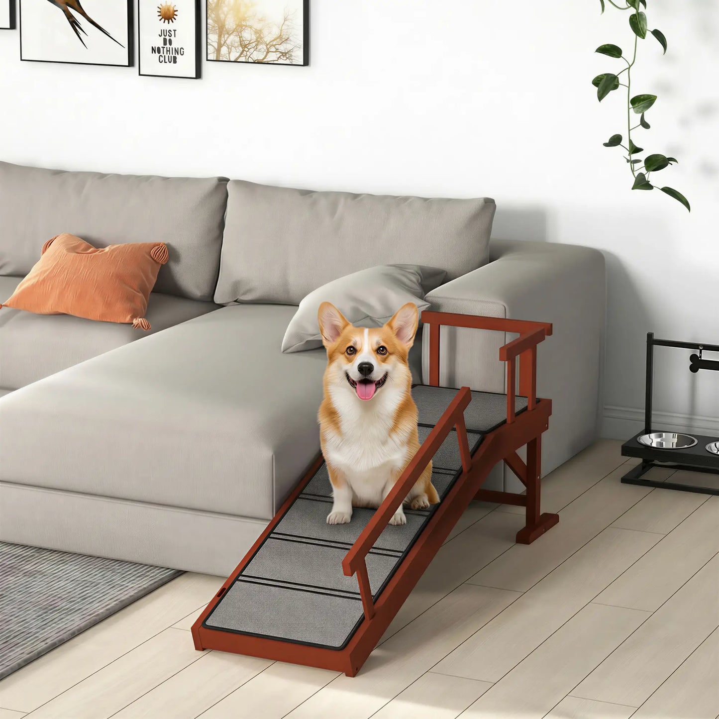 Wooden Dog Ramp, 49" Long, Non-Slip Rug, Removable Guardrails, Brown Dog Stairs at Gallery Canada