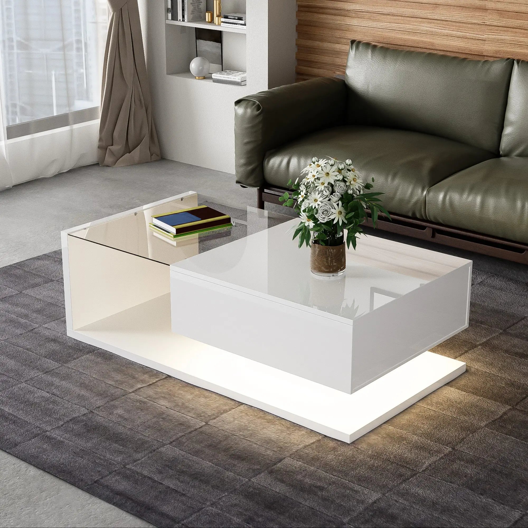 Modern Coffee Table, Glass LED Effect, Storage, 41.5