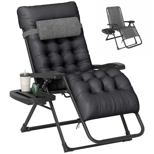 Padded Folding Recliner Chair, Adjustable Backrest, Removable Cushion, Black