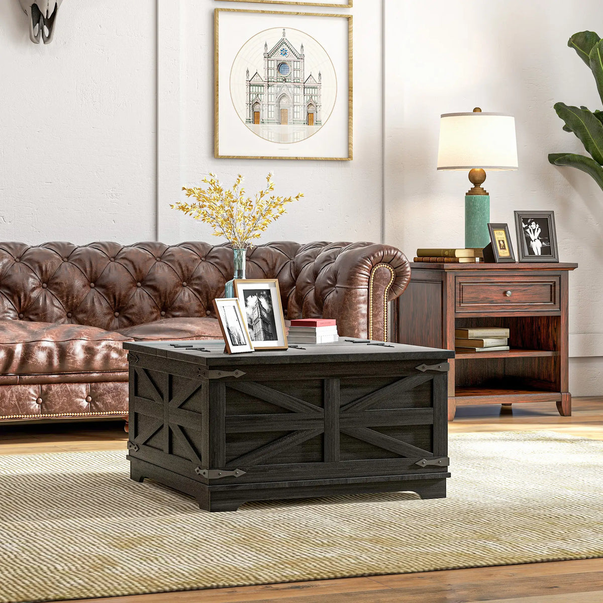 Farmhouse Coffee Table, Square Flip-Top Lid, Hidden Storage, Black Coffee Tables at Gallery Canada