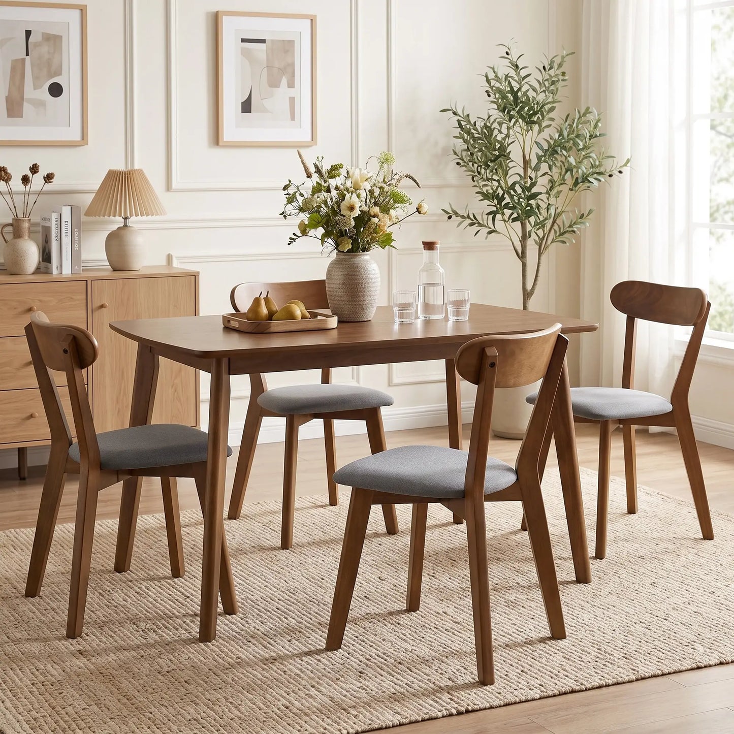 Upholstered Linen Kitchen Chairs, Rubberwood Legs, Set of 4, Grey Brown, Grey Brown