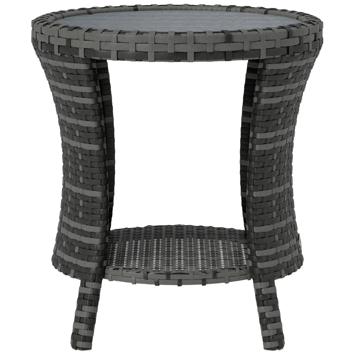 18" Wicker Outdoor Coffee Table, 2-Tier Storage, Composite Wood Top, Grey Patio Side Tables Grey at Gallery Canada