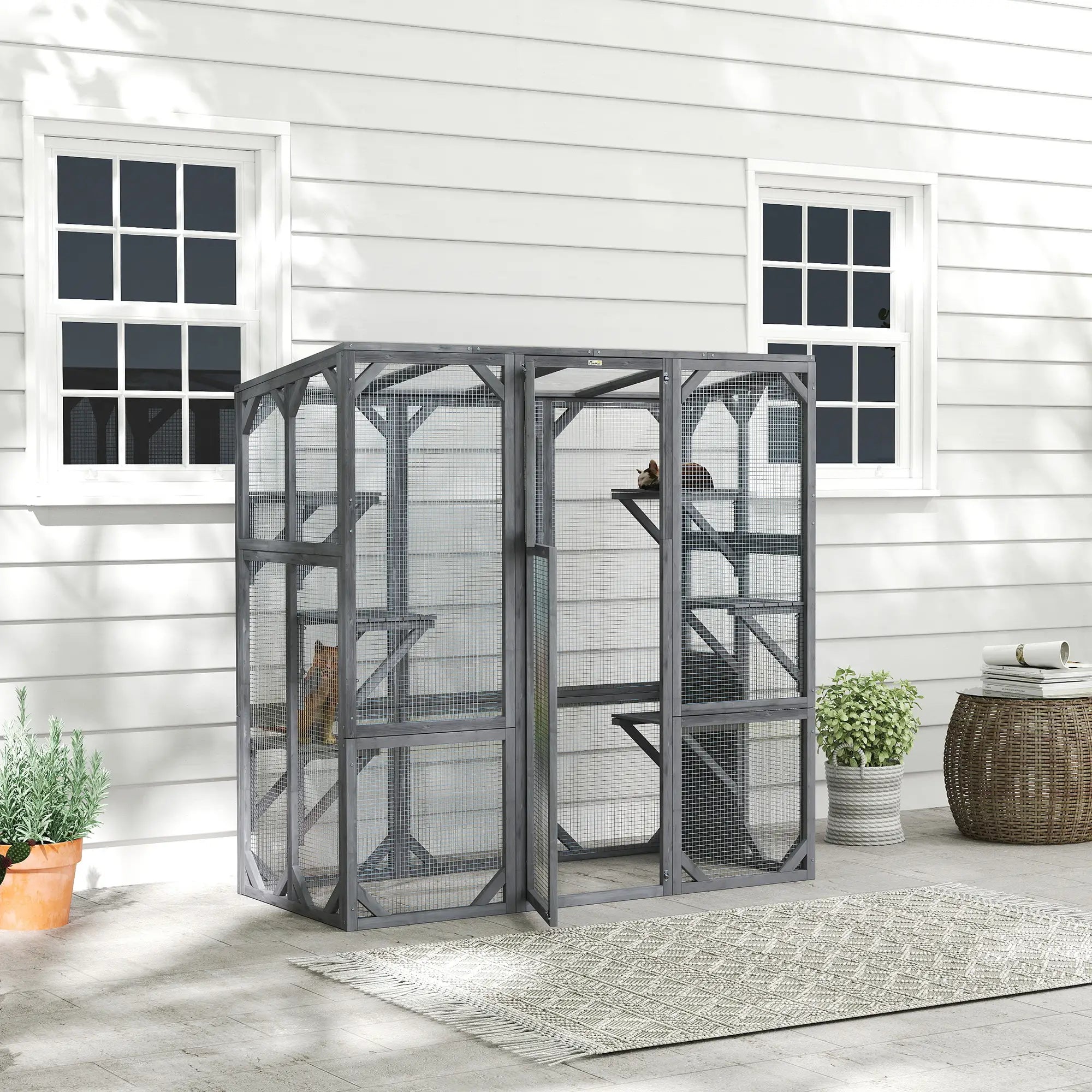 Outdoor Cat Enclosure, 6 Jumping Platforms, Weatherproof Roof, Large Door, 59