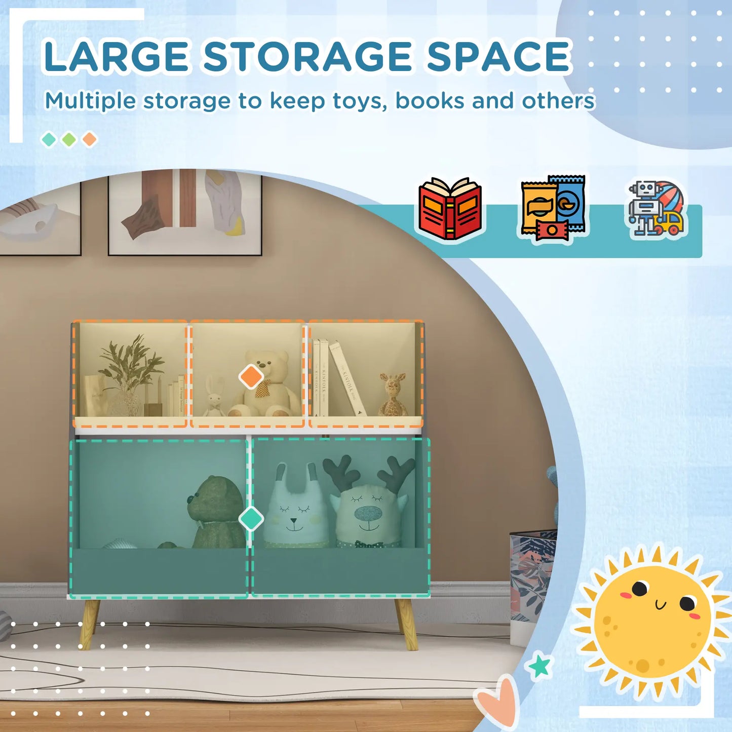 2 Tier Kids Toy Organizer, 5 Compartments, Anti-Tip, Nursery, Playroom, Grey Bookshelves & Bookcases at Gallery Canada
