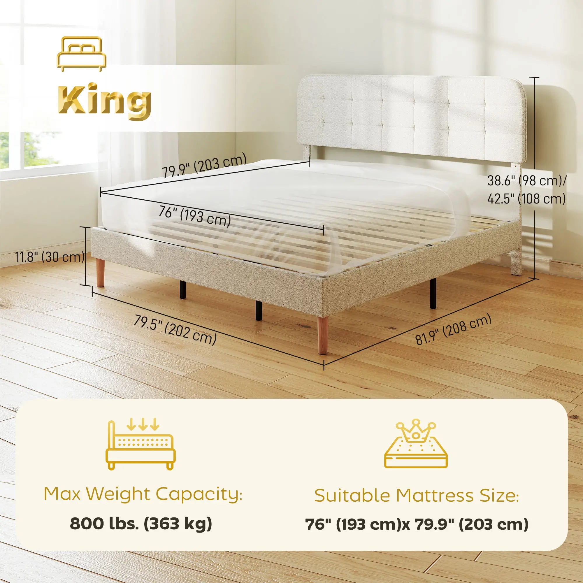 King Size Bed Frame, Adjustable Headboard, Upholstered Platform, White Bed Frames at Gallery Canada