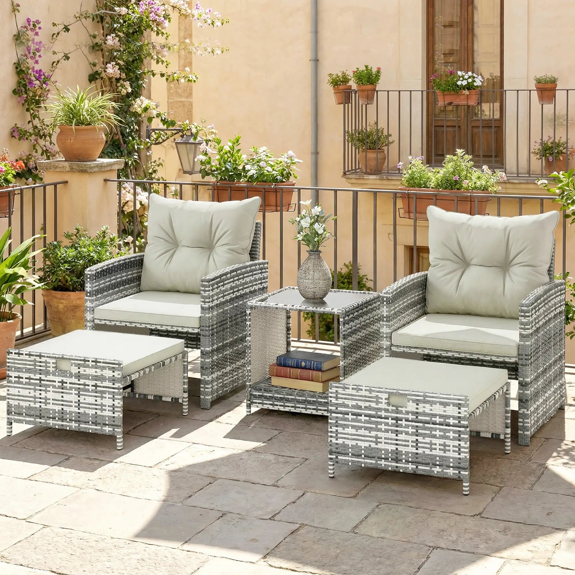 5 Piece Patio Furniture Set, Wicker Chairs With Ottomans, 2-Tier Glass Coffee Table, Grey/Cream White Patio Furniture Sets at Gallery Canada
