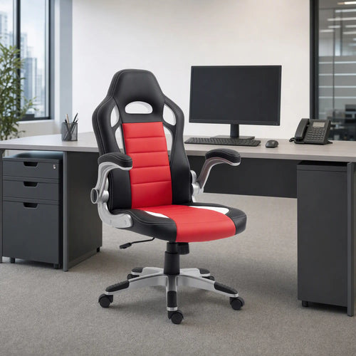 Racing Gaming Chair, PU Leather, Adjustable Height, Flip Up Armrest, Red