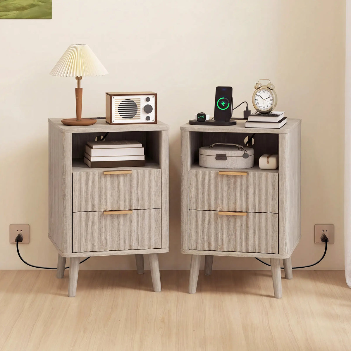 Modern Nightstands Set of 2, Charging Station, 2 Drawers, Open Shelf, Grey Bedside Tables at Gallery Canada
