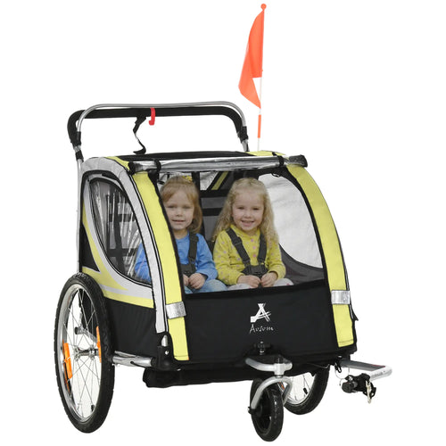 2 Seat Bike Trailer, Kids Jogging Stroller, Handbrake, Yellow